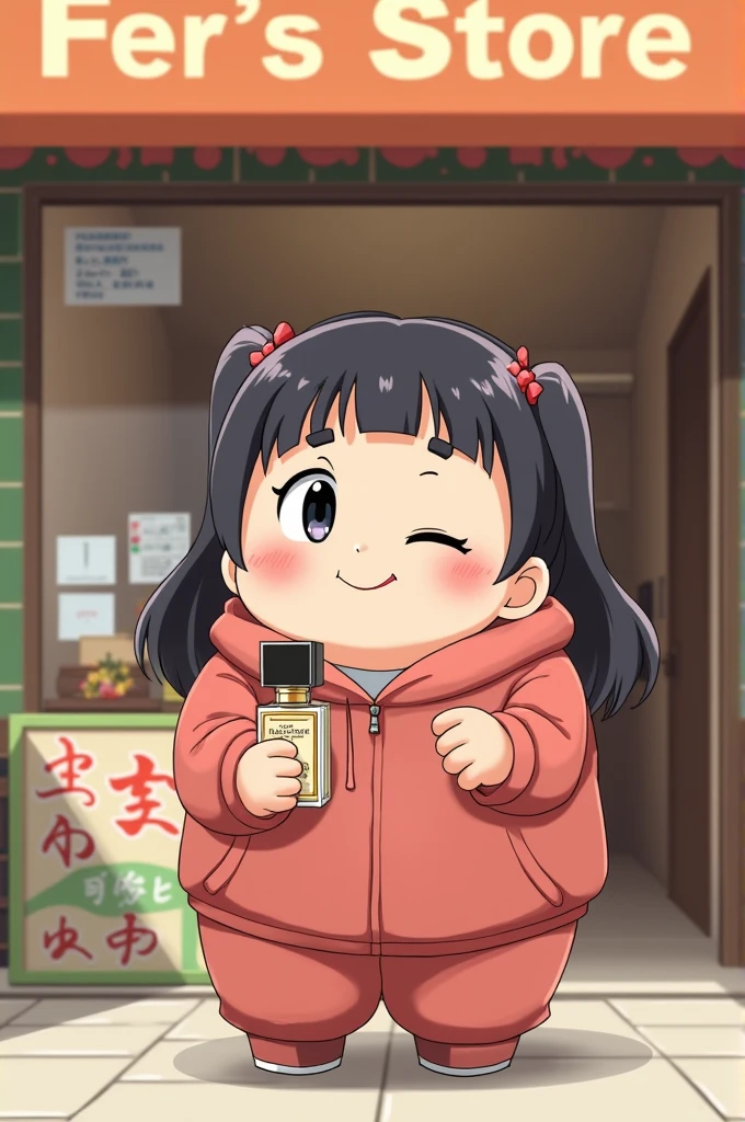 charismatic chubby girl with slanted eyes and smiling holding perfume in front of a store written "Fer's store"