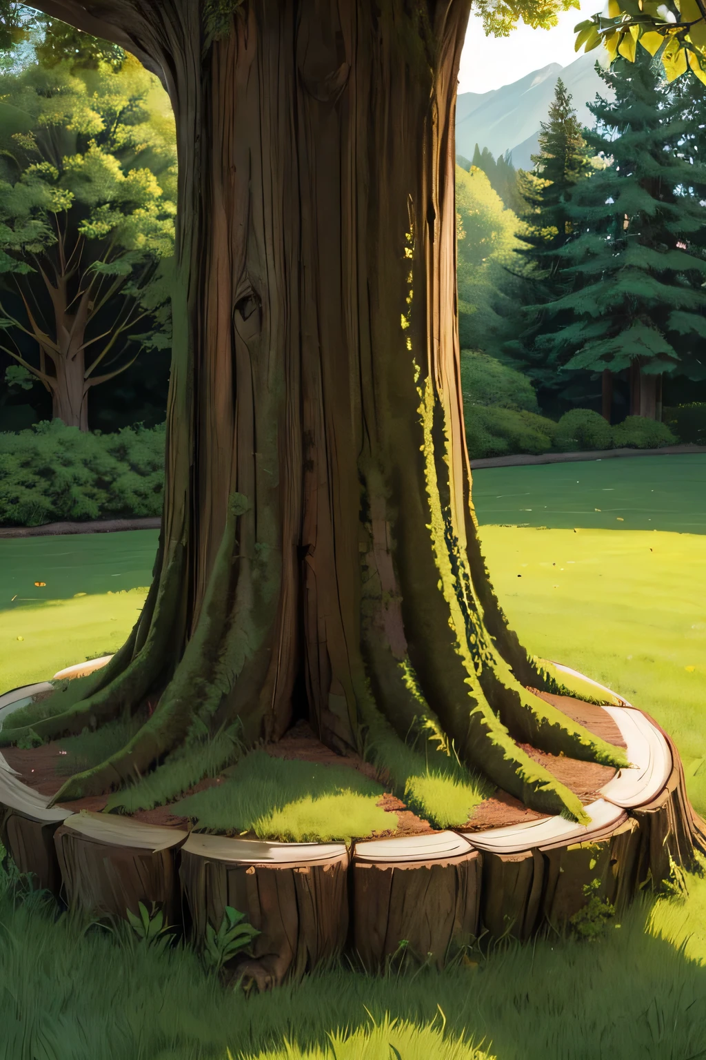 giant tree stump on the upper half of the picture, alot of green grass, background