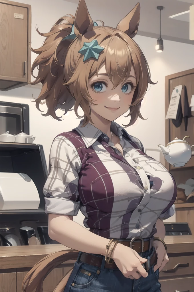 masterpiece, Highest quality, 
Taiki Shuttle \(umamusume\), Smiling faceYellow shirt, Check shirt, Collared shirt, revolver, Tea belt, jeans, jewelry, denim, bracelet, Blue pants, Collared shirt, Rolled up my sleeves,
 
