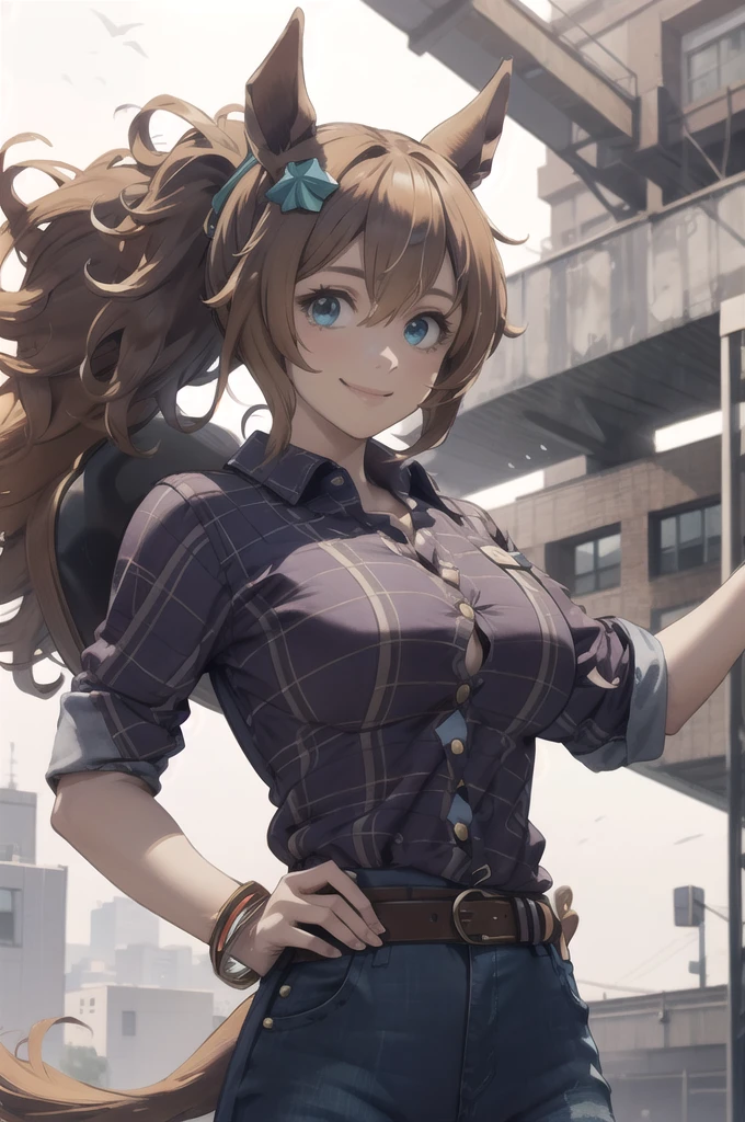 masterpiece, Highest quality,
Taiki Shuttle \(umamusume\), Smiling faceYellow shirt, Check shirt, Collared shirt, revolver, Tea belt, jeans, jewelry, denim, bracelet, Blue pants, Collared shirt, Rolled up my sleeves,