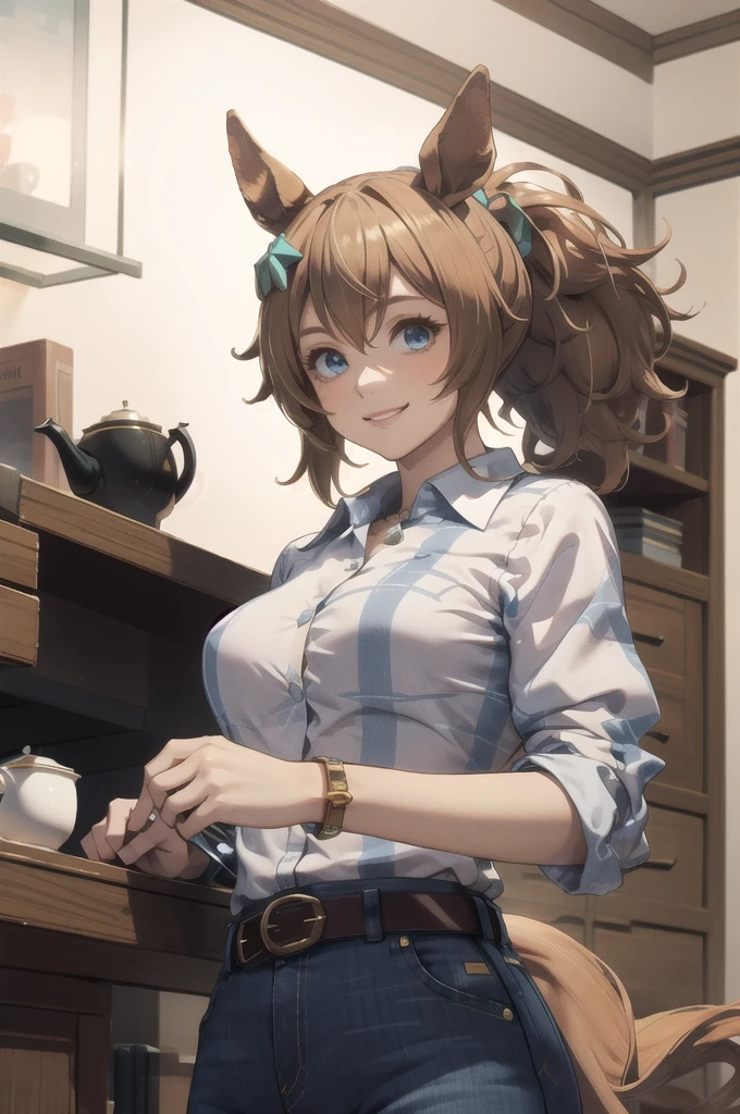 masterpiece, Highest quality, 
Taiki Shuttle \(umamusume\), Smiling faceYellow shirt, Check shirt, Collared shirt, revolver, Tea belt, jeans, jewelry, denim, bracelet, Blue pants, Collared shirt, Rolled up my sleeves,
 