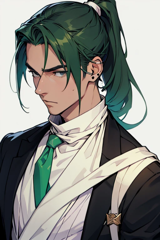 White neckerchief around the neck、Man wearing headphones、Black Suit、green haired man、ponytail、