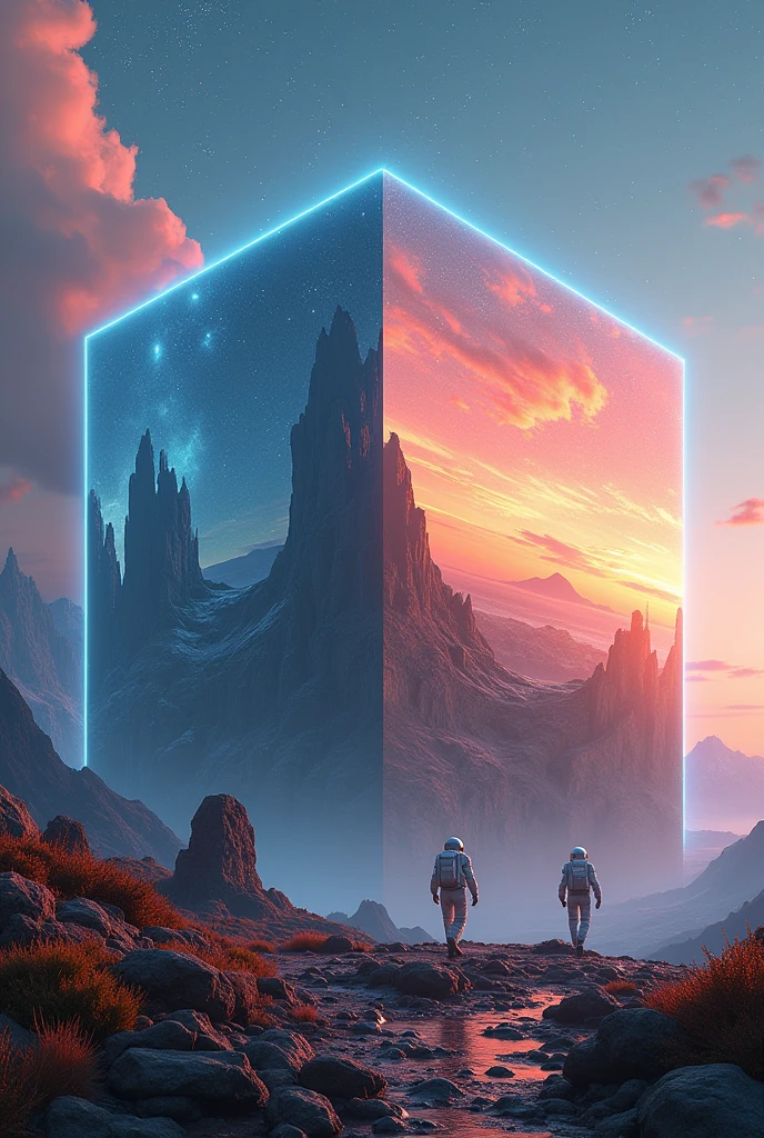 a highly detailed and photorealistic image of two astronauts exploring a massive cubic structure on an alien planet, the cube has a high reflective surface and each face reflects a unique planetary biome, the top of the cube is emitting electrical arcs towards the stars to harness power, cinematic lighting, 8k, hyper detailed, stunning colors, award winning sci-fi concept art