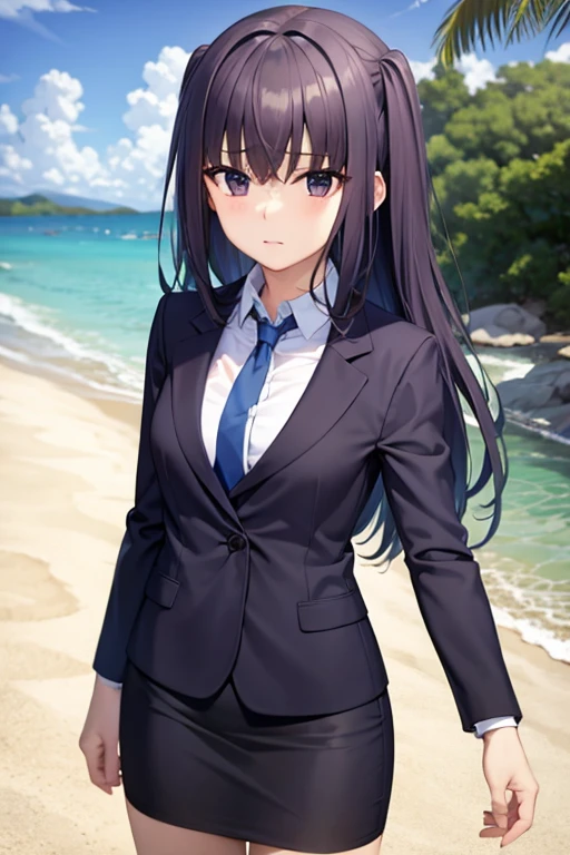 1girl, sora takanashi, beach background, beach, suit, office lady, black skirt, black blazer, pencil skirt, white shirt, collared shirt, long hair, teenager, looking at viewer, full body, 