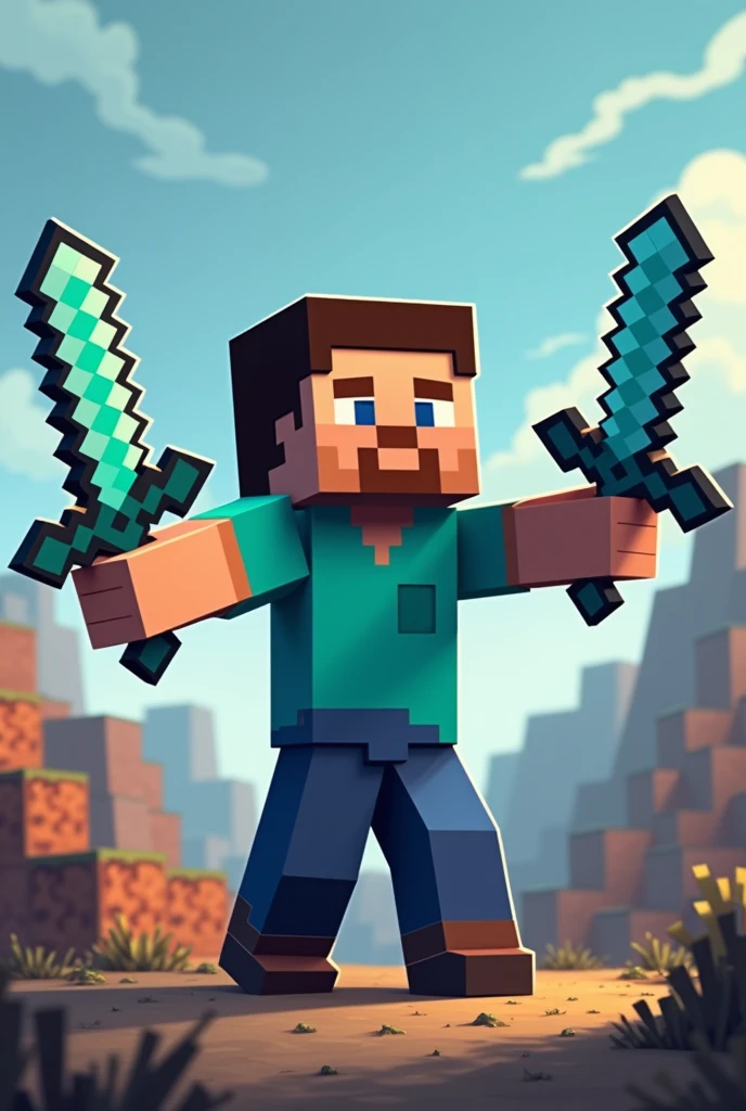 A Minecraft character holding a small diamond sword in one hand and a diamond pickaxe in the other.