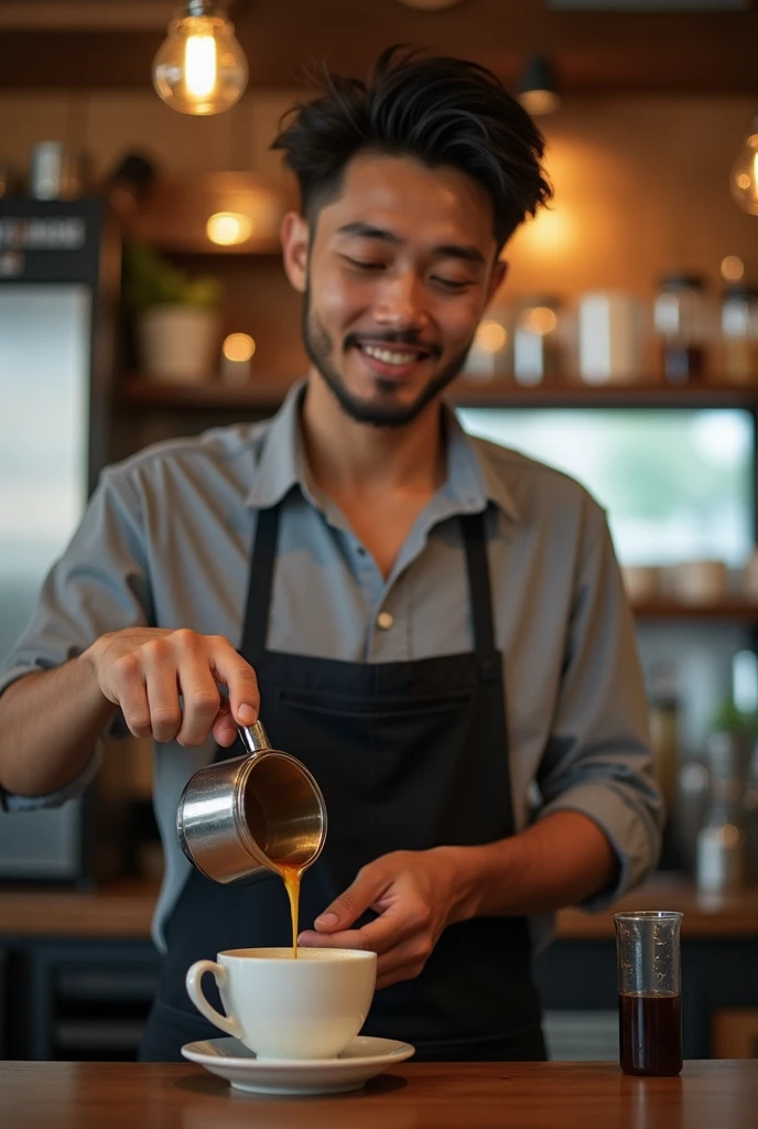 muste piece、High resolution、The coffee shop of the future、A Malaysia Man brewing delicious coffee、27 year、1man shop assistant、looking at the camera、smile、The result is exactly as pictured、Coffee and hensom skin、