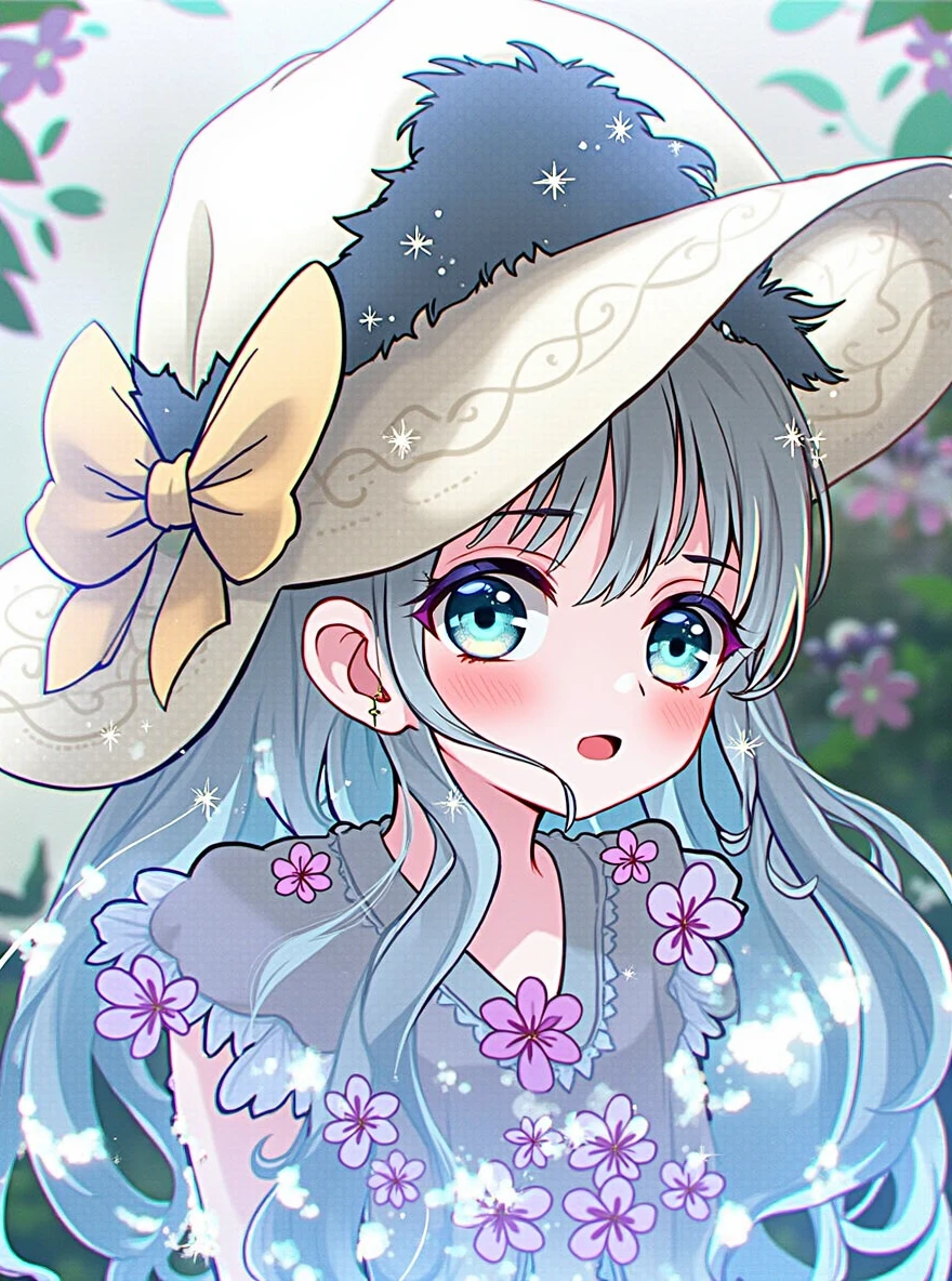 Clarisic has light pink skin., Pink cheeks, And blue eyes. She has a shaggy tuft of hair on her forehead., And two strands on each side of her face. She is wearing a white sun hat with a yellow ribbon., A light yellow dress with three small pink flowers.. Sparkle; luster