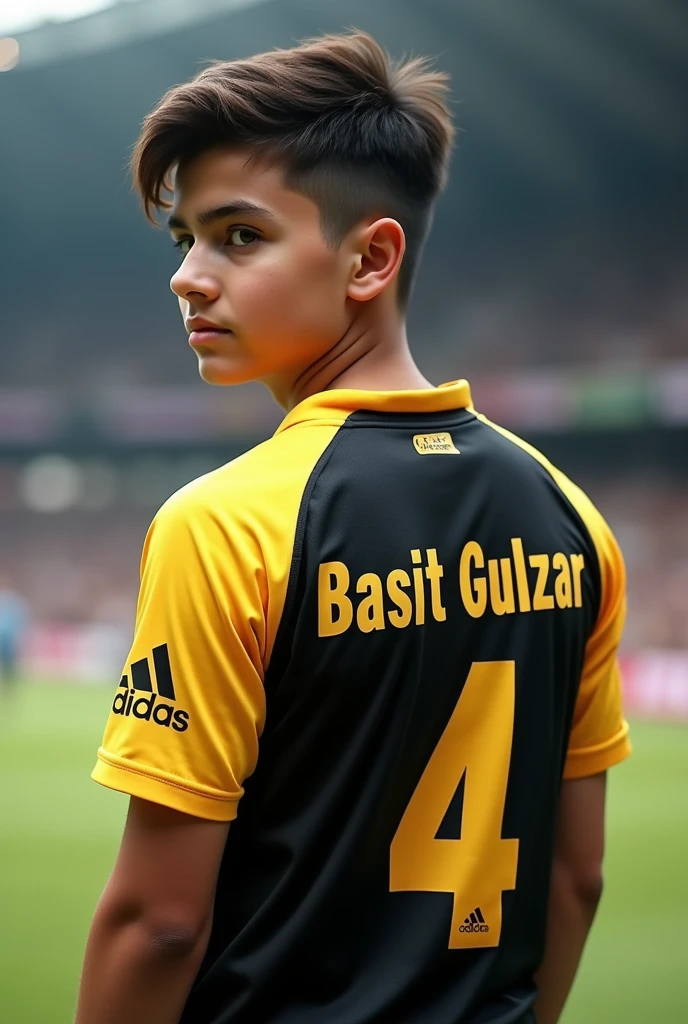 A 18 years old boy wearing golden black cricket jersey having Basit Gulzar written in back and no. 4