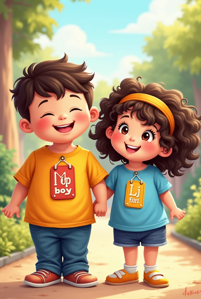 Create an image of a couple waring shirt with tag Mp is for boy and Lj for girl!!
And also the BOY is chubby!! And the GIRL have a curly hair!!