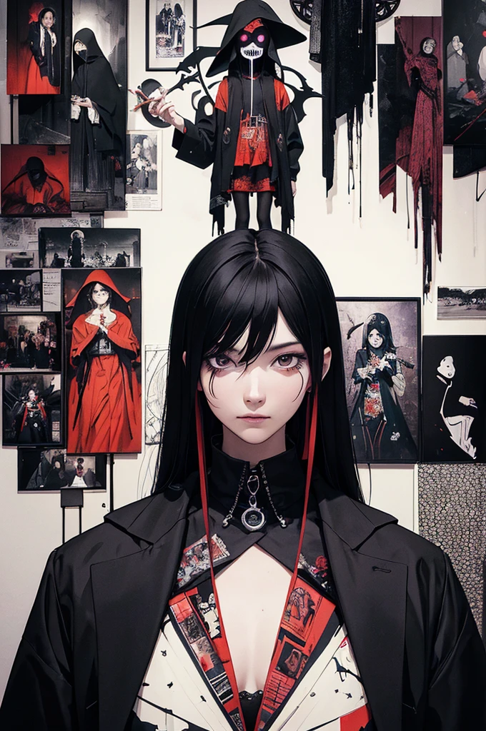 (masterpiece, best quality:1.1), A Grim-Reaper standing in room with many pictures of people photos,detailed face,smile,collage artwork, nostalgic melancholic artwork, collage art, photo collage, inspired by Victo Ngai cmyk palette, collage art background, a contemporary artistic collage,(dark atmosphere),