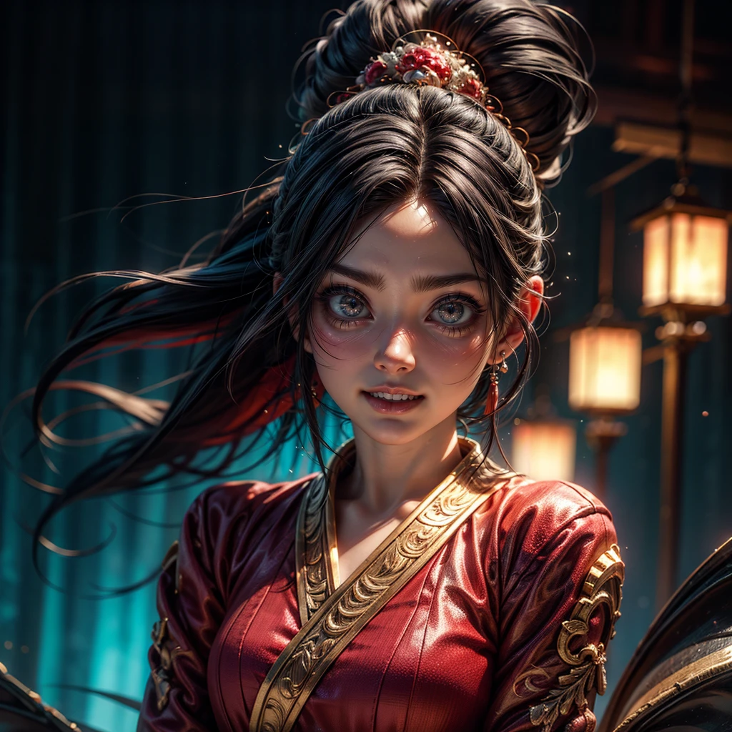 a girl with pink eyes, long purple hair in a high ponytail, liquid hair, dragon girl, flowers, dragon head background, negative space, 1 girl, solo, best quality, 4k, 8k, highres, masterpiece, ultra-detailed, realistic, photorealistic, HDR, UHD, studio lighting, ultra-fine painting, sharp focus, physically-based rendering, extreme detail description, professional, vivid colors, bokeh