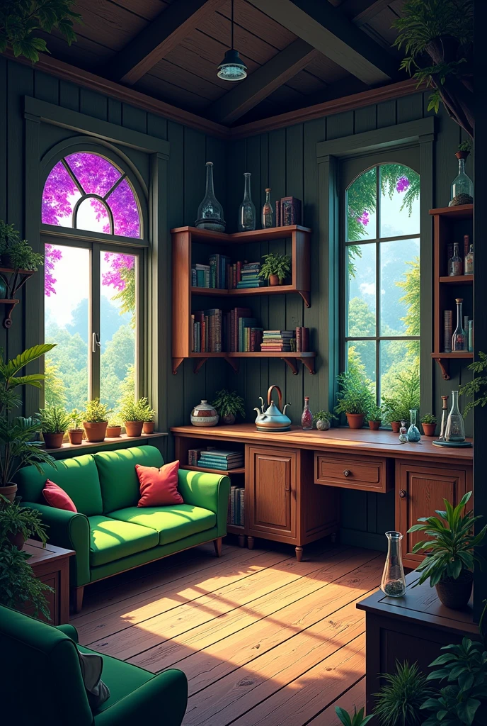 The inside of a square hut with purple and right windows. The color scheme is dark brown and dark green. The hut seems mysterious The hut consists of only one room, which looks like a mixture of living room, Workroom and laboratory. Colorful plants stood on the window sills of the two large arched windows. On the wall opposite the door stood a small green sofa surrounded by bookshelves. On the left side in front of the window was a large desk made of dark wood, on which some books were scattered. Opposite it stood a kettle and a few shelves with corked glass flasks.
