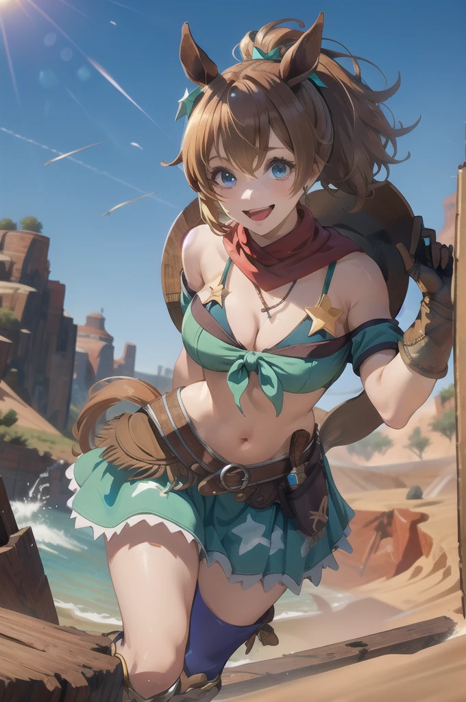 masterpiece, Highest quality, High resolution, peace, Aqua Eye, Ma Niang, star hair ornament, Horse tail, bandana, Exposing shoulders, Cleavage, Front tie top, Bikini under clothes, Armband, belly button, Brown gloves, skirt, star (symbol), belt, Weapons with holsters, zettai ryouiki, Purple knee socks, smile, Open your mouth, Eyes Wide Open, desert, surprised, View your viewers, Cowboy Shot, Raise your eyebrows, Happy