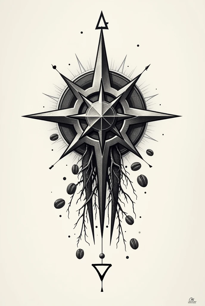 Viking Vegvisir Tattoo, with a two-rooted tooth, coffee beans and the musical rune. With the date of March 24, 2023 minimalist