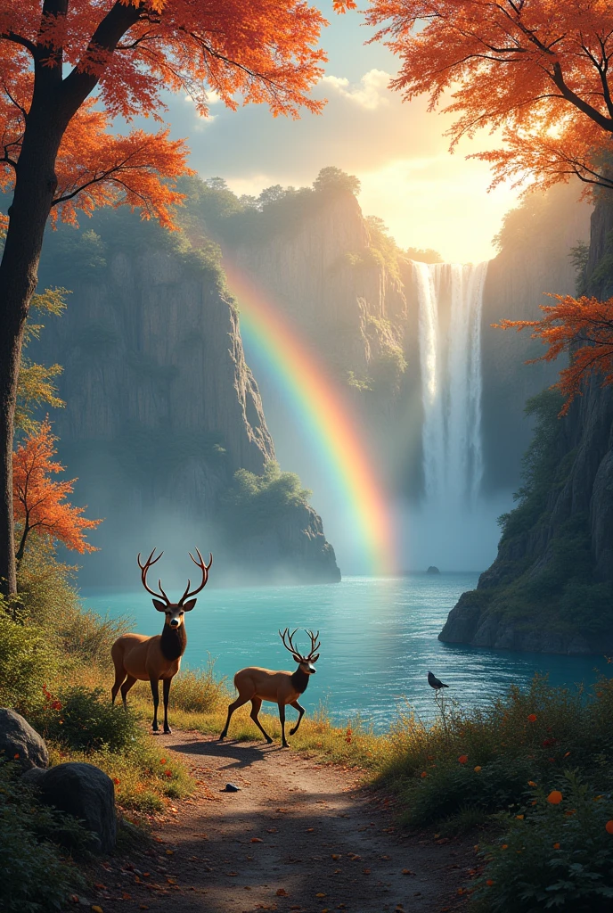 Beautiful land, mix seasons, colorfull, in the morning with sun rise, ultra HDR, aesthetic, falling leaps, waterfalls, rainbow, deers