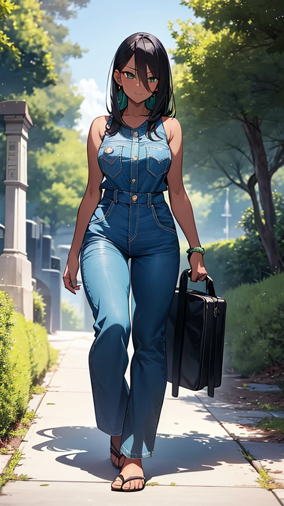 Anime She-Hulk, black hair, green skin, wearing sleeveless blue denim jumpsuit, walking barefoot in a park, full body shot.