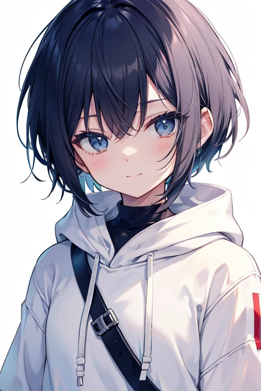 frontage,Short, thin hair,White hoodie,Happy expression