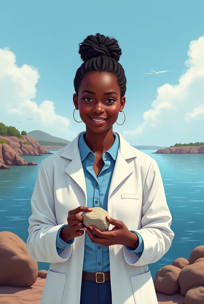 Create a picture of sabrina mkali mkomwa who studying at kairuki university dar es salaam .stand infront of lake victoria while she smile and wear a lab coat there shall be a view of rock found in that lake 