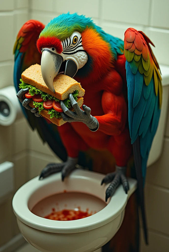 A muscular humanoid Brazilian parrot defecating into a toilet while ferociously devouring a sandwich