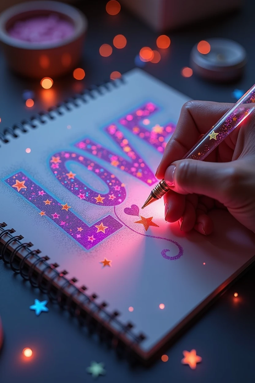 A mesmerizing, hyper-realistic 16K 3D illustration captures a magical moment of pure creativity. A talented artist is masterfully sketching a heartfelt message, "LOVE", in a notebook. The text is composed of vibrant, color sepia stars that smoothly transition through the entire spectrum. The artist's hand, holding a transparent pen filled with radiant stars, is detailed exquisitely, symbolizing boundless creativity and imagination. The background is a three-dimensional sketchbook setting with scattered throughout, adding depth and dimension to this captivating, graffiti-inspired scene. The illustration radiates energy, movement, and vibrant colors, making it a true work of art that celebrates creativity and imagination., gra, cinematic, vibrant, graffiti, painting, typography, product, illustration, photo, 3d render, fashion, dark fantasy