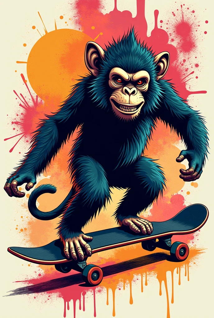 a shirt print with the main theme being a monkey riding a skateboard, full of graffiti-style details
