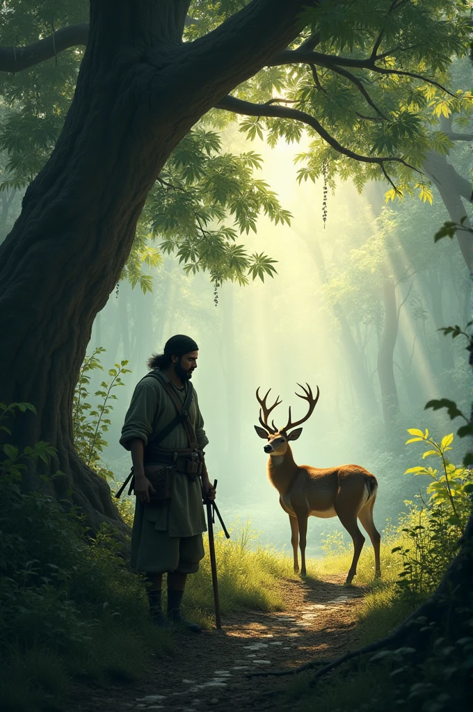At dawn, the hunter returns to find his trap empty under the Peepal tree. He looks disappointed and frustrated as he realizes his plan has failed. Tha dear watches from a distance, proud and relieved that his strategy to protect Chiku has worked. The jungle is calm again, with the hunter retreating in defeat."