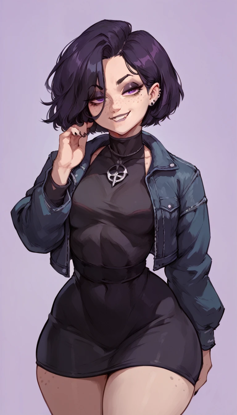 (solo) female , black short hair, woman, attractive, goth,  wearing Black Dress, Denim Jacket, thicc, freckles, freckles on face, smug eyes, (happy expression), she is standing look to the viewer , violet background, simple background, thick thighs  (front view) 