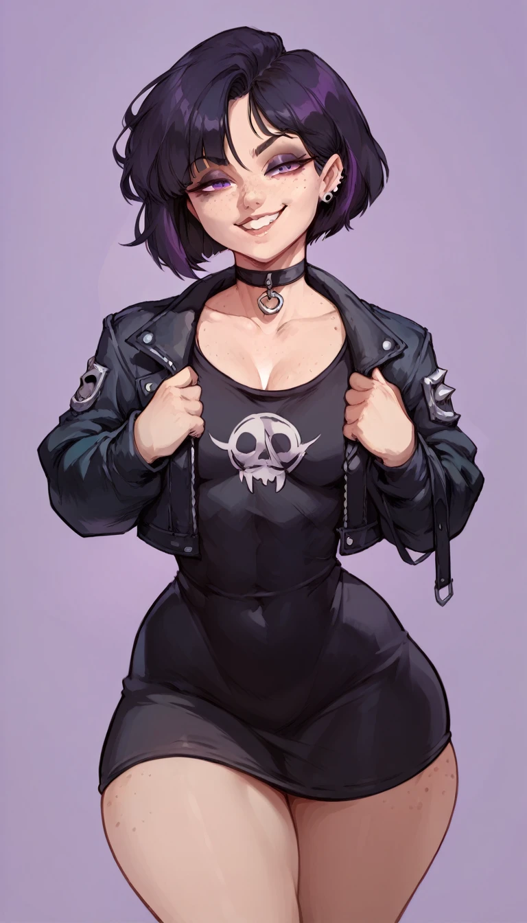 (solo) female , black short hair, woman, attractive, goth, wearing Black Dress, Denim Jacket, thicc, freckles, freckles on face, smug eyes, (happy expression), she is standing look to the viewer , violet background, simple background, thick thighs (front view)