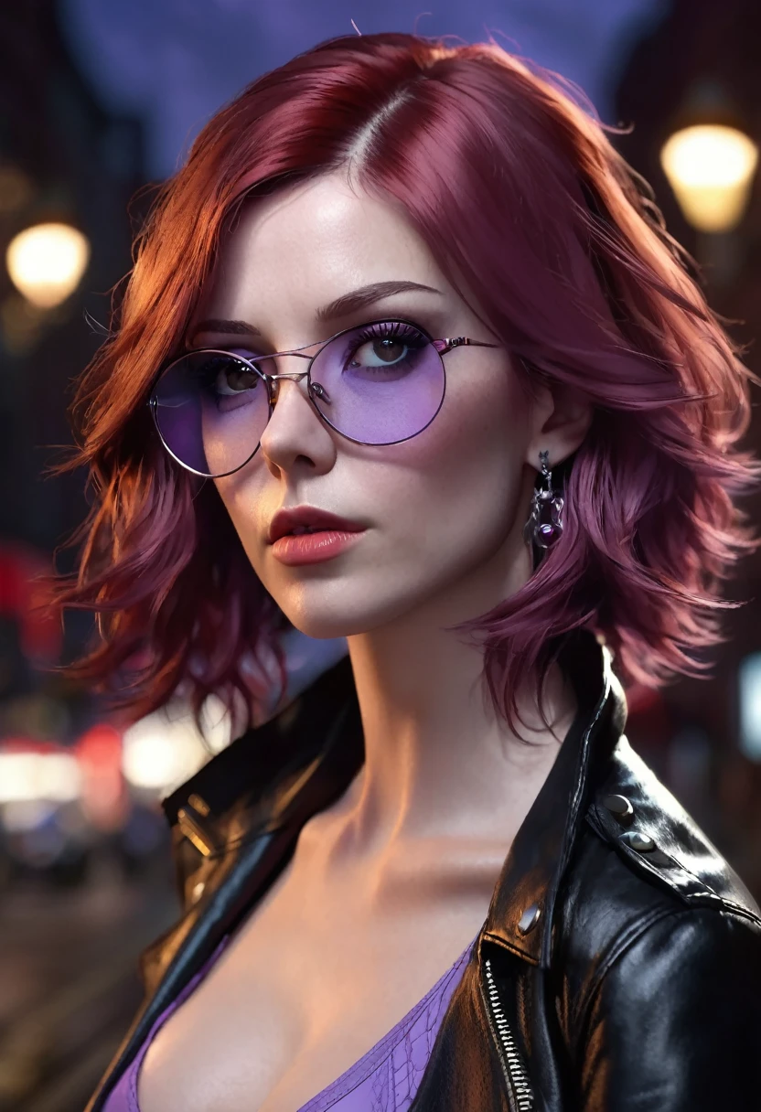 1 woman, inside a city at night, wearing a low-cut lilac dress and leather jacket over it, female red eyes, detailed fair skin, large breasts, ear studs, long red hair in a choppy style, shaved red gothic hair, dramatic lighting, cinematic composition, wearing glasses, dark palette, dark colors, atmospheric haze, thin chin, soft face, serious face, beautiful woman, adult woman, ultra realistic, adult woman (best quality, 4K, 8K, high resolution, art: 1.2), ultra detailed (realistic, photorealistic, photorealistic: 1.37)