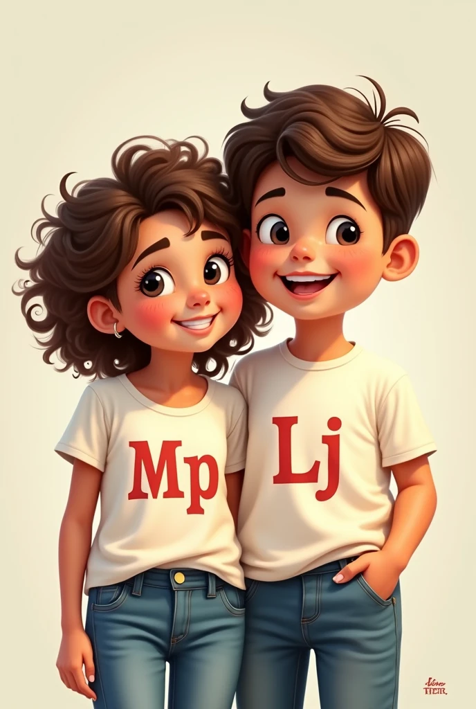 Create an image of a couple waring shirt with tag Mp is for boy and Lj for girl!! 

And also the BOY is chubby!! 
And the GIRL have a curly hair!! 
