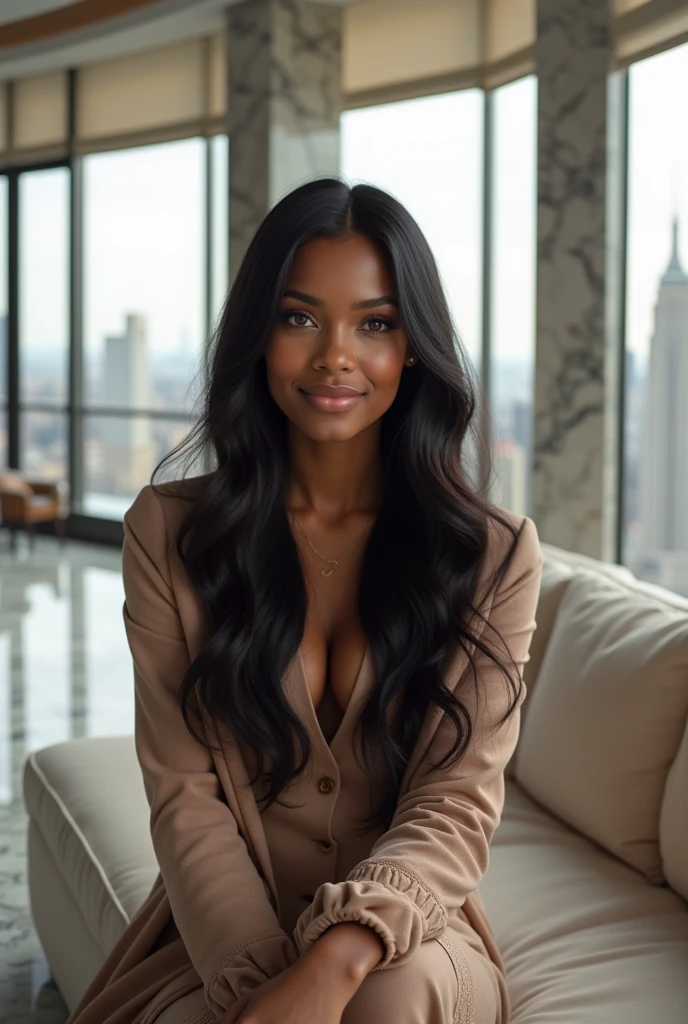 hyper realistic portrait of skai Jackson, 19 years old, with long flowing black hair and brown eyes. She should have a natural, approachable expression and be lit by soft, real light, canon eos r5, raw format, sitting on a modern sofa in a modern marble mansion, background is detailed and luxurious living room, full body, panoramic window view of the New York skyline