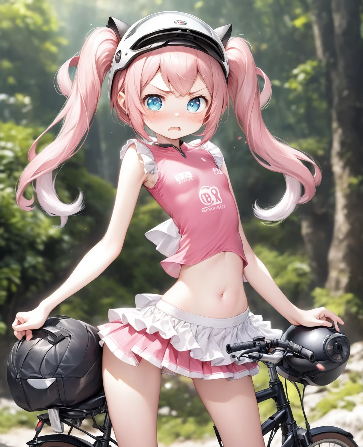 (Highest quality,8k,32K,masterpiece,Ultra-high resolution :1.2 ),born,one person,Super cute,Natural light,Clear, shining eyes,20-year-old,Fair skin,Bike touring electronic world fantasy background,Pink Hair,Small breasts,In underwear,Good,bike,Bike helmet,Twin tails,Small height,Embarrassed,A little angry,Cheeks puffed out,Pun Pun,Short skirt
