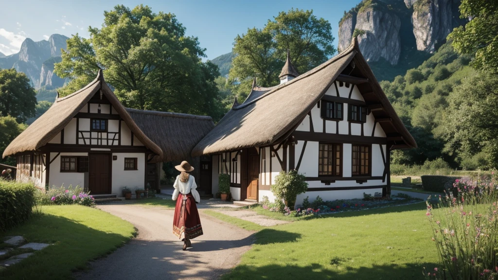 Imagine a German woman walking through the picturesque landscape of a village. She wears a traditional costume, like an elegant dirndl with subtle floral prints. Ao fundo, the half-timbered houses with thatched roofs are surrounded by green fields and lush vegetation. She walks with a serene smile, reflecting the tranquility of the environment. The soft sunlight illuminates the scenery, highlighting the natural beauty and harmony between the village's architecture and the splendor of the surrounding nature.
