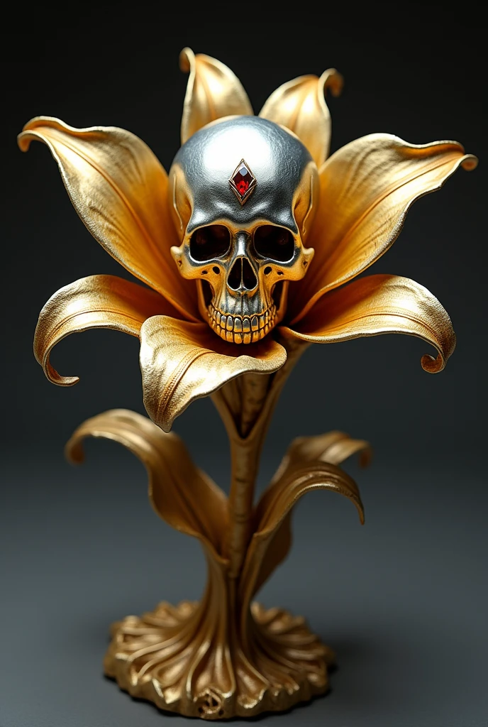 Make a gold lilly flower and a silver skull growing from the flower and the skull head have one red diamond in the centre and it should look like a real jewellery