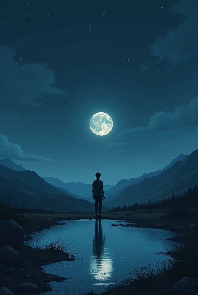 A person alone but contemplating his reflection with a landscape in the background and a night environment