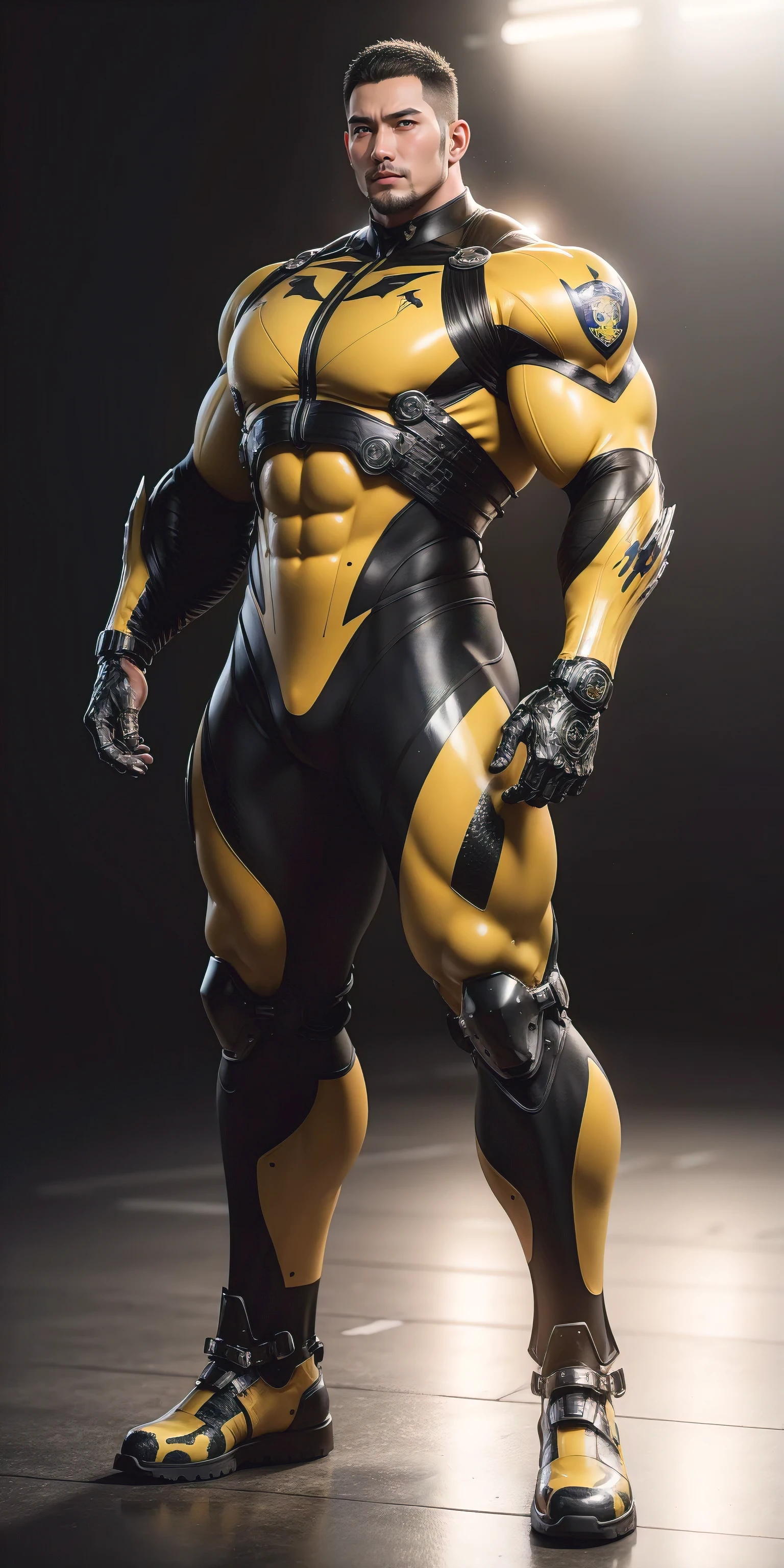 Tall giant muscular police officer,Yellow and black camouflage patterned nano mecha,Honeycomb pattern,Lightweight texture,Character Concept(Resident Evil - Chris Redfield,Chris Redfield)senior police officer,Small grid texture,Regular symmetrical texture pattern,Sad expression,Deep and charming eyes,Standing in a bright mechanical laboratory,Emerald Eyes Hero,Heroic male pose,Tall burly,muscular!Attractive leg muscles,High target, Burly, Heqiang, Super Buff and Coolness, High Resolution Committee, Bigfoot yellow-gray ultra-thin nano-mechanical boots,Charismatic strongman,The bright sunshine shines on you,Matte particles,Shiny texture