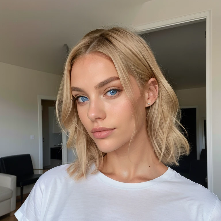 Corps entier Belle brune aux reflets blonds portant un t-shirt (At home), very detailed, 22 ans, , , visage innocent, natural wavy platinum blonde hair, blue eye, high resolution, head of'artwork, best quality, intricate details, very detailed, sharpness, detailed skin, texture de peau réaliste, texture, detailed eyes, professionnel, 4K, charming smile, shot with Canon, 85mm, shallow depth of field, kodak vision color, corps parfaitement ajusté , extremely detailed, la photographie_\(ultra\), Photorealistic, realistic, Post-traitement, maximum details, roughness, real life, ultra realistic, photorealism, la photographie, 8k uh, la photographie, tetas grandes