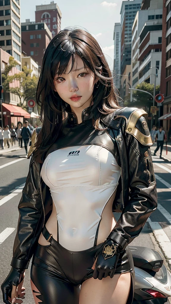 (Asian)、cute、Best image quality, Excellent details, Ultra-high resolution, (realism: 1.4), Best illustrations, Favorite Details, 非常に凝縮されたOne person, Delicate and beautiful features, Wearing a black and gold mech, (((Lower body exposed))), Hold the directional controller, Riding on motorcycle, The background is a futuristic city high tech lighting scene Best quality, masterpiece, Ultra-high resolution, (Realistic:1.4), RAW Photos, One person, White Dress。