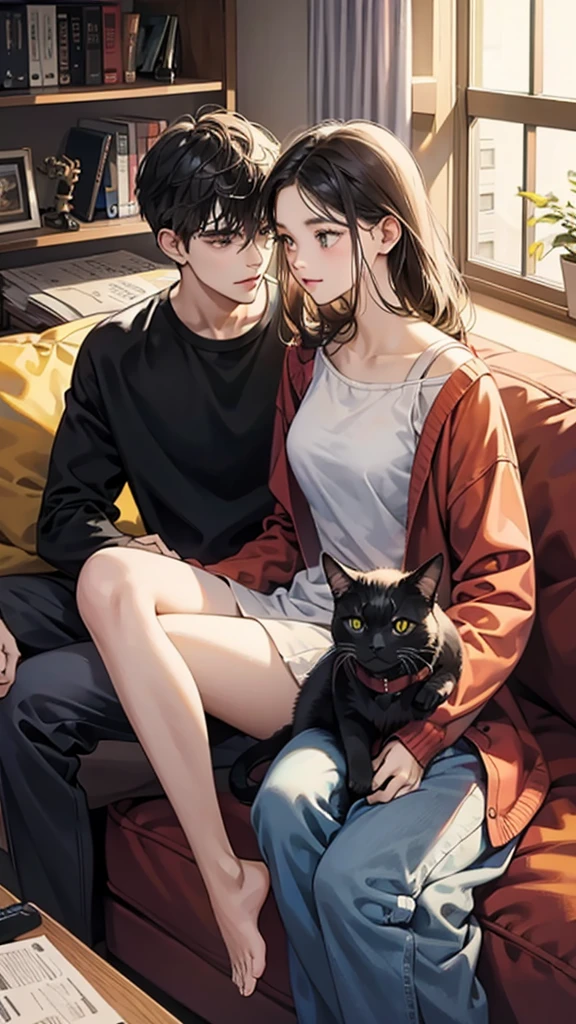 college student couple, Carrying a cat, Sit on the sofa, Black Cat, living room