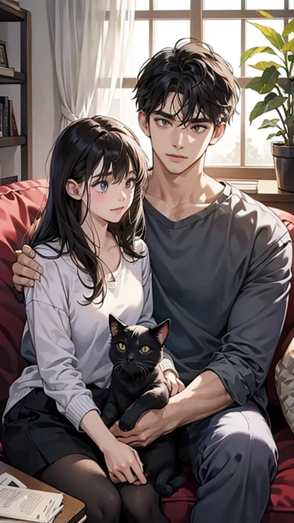 college student couple, Carrying a cat, Sit on the sofa, Black Cat, living room