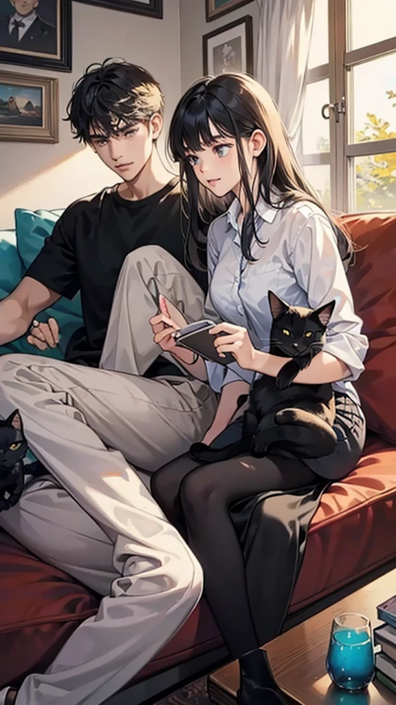 college student couple, Carrying a cat, Sit on the sofa, Black Cat, living room
