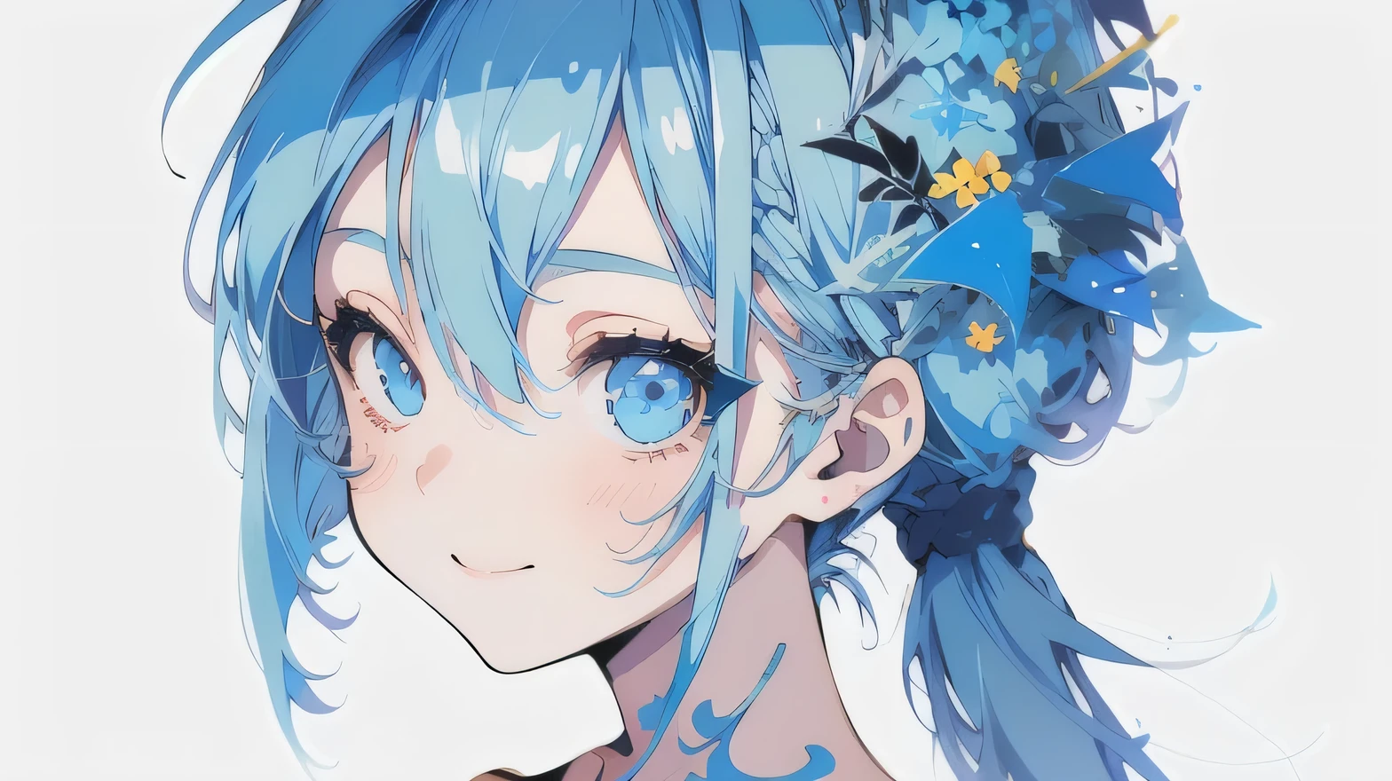 masterpiece, best quality, solo, 1girl, smile, (baby blue hair, ponytail) and (baby blue eyes), (summer casual and cute clothes), (((bold outline))), blue theme, Vector art, (no background)