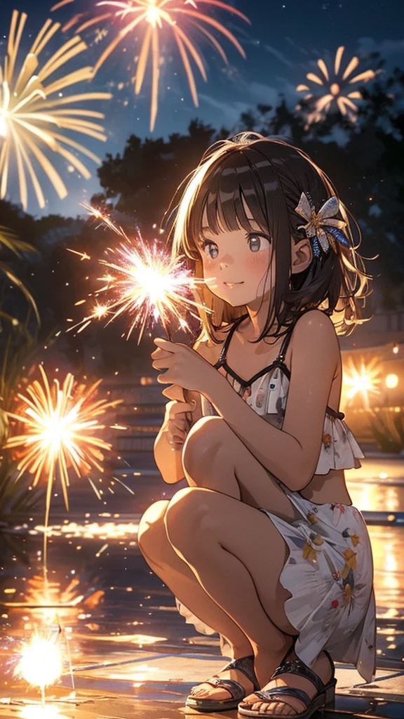 child, sparkler, torch, mansion, garden, night, summer, swimsuit, 1girl, solo, fireworks, squatting, close_range_fireworks, holding_sparkler, duos Ashley and Sarah