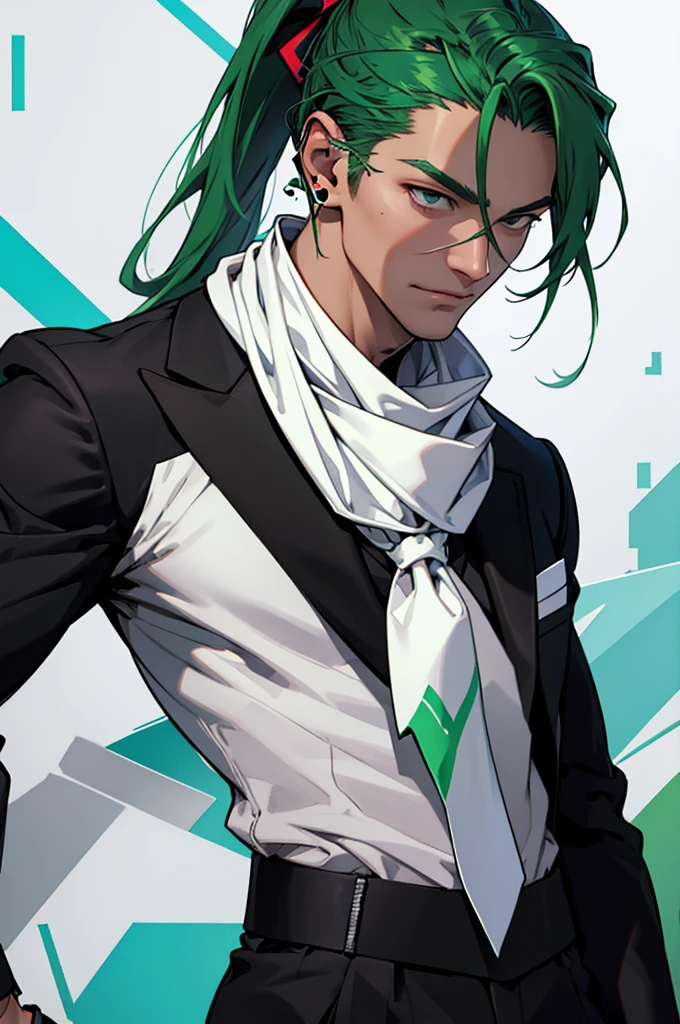 White neckerchief around the neck、Man wearing headphones、Black Suit、green haired man、ponytail、