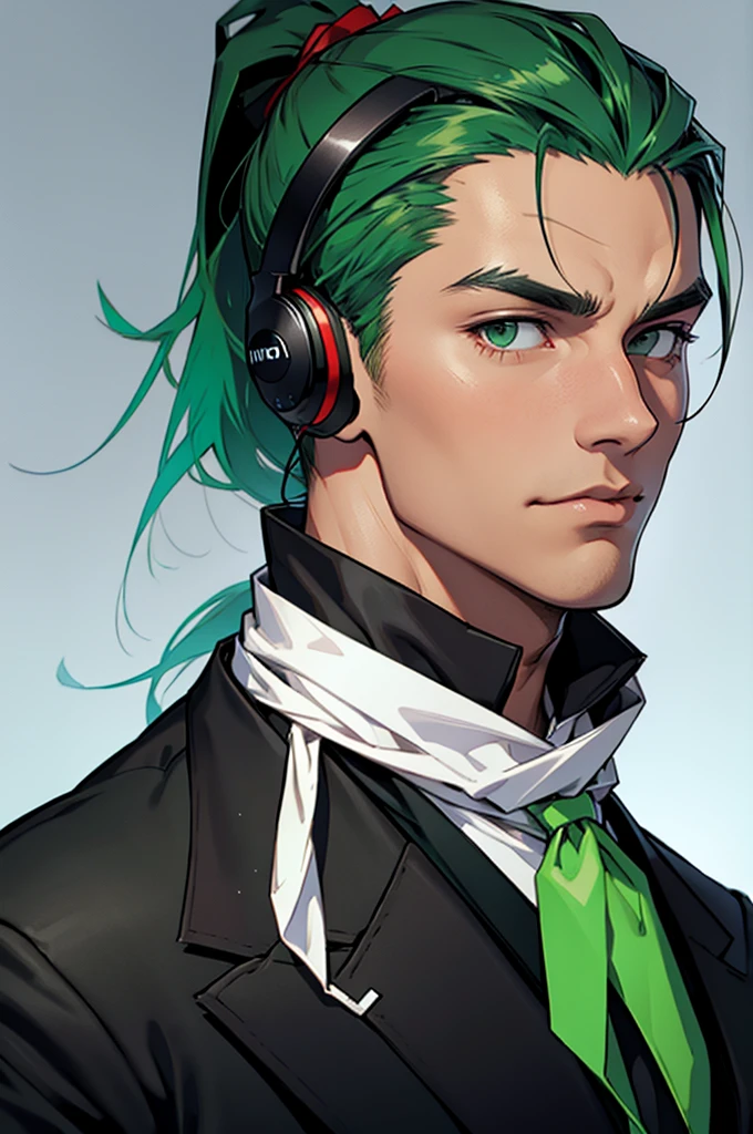 White neckerchief around the neck、Man wearing headphones、Black Suit、green haired man、ponytail、