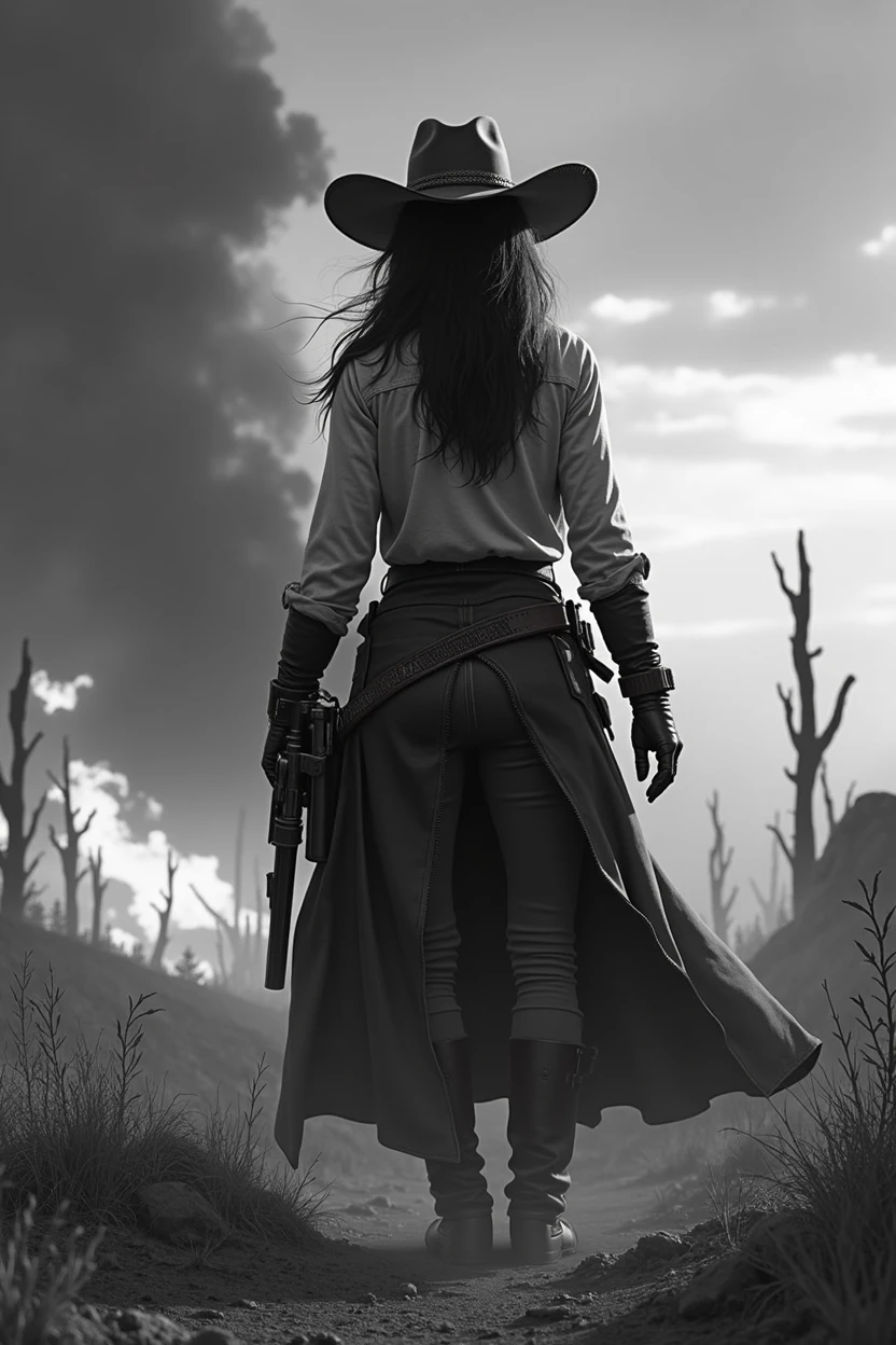 Meilleure qualité, ultra-détaillé, Réaliste, d&#39;apocalypse farwest, cowgirl solo, farWest féroces et intimidants, année 1866, nuages noirs menaçants et ciel orageux, le feu et la fumée, style artistique audacieux et agressif, palette de couleursnoir et blanc, atmosphère sinistre et sombre, décor infernal et chaotique, destruction apocalyptique et chaos