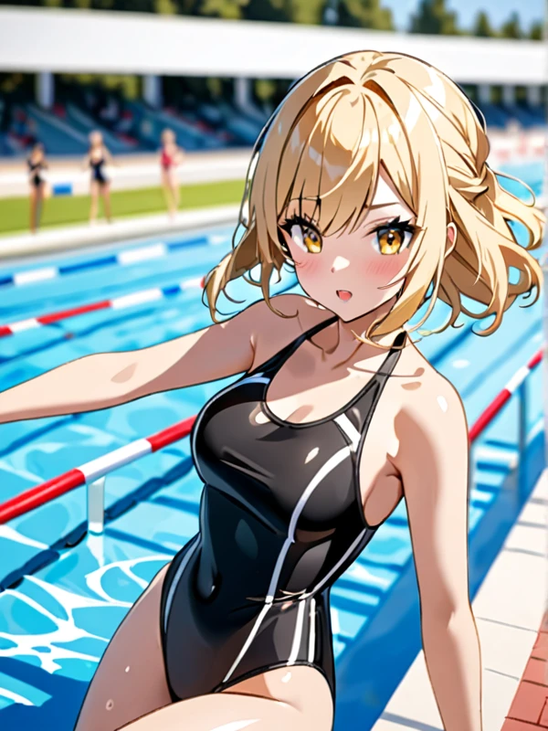 Beautiful and blond, black swimsuit, pool, racing track, blur background 