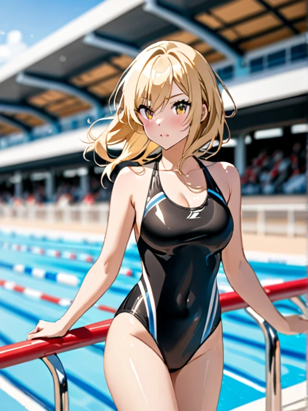 Beautiful and blond, black swimsuit, pool, racing track, blur background 