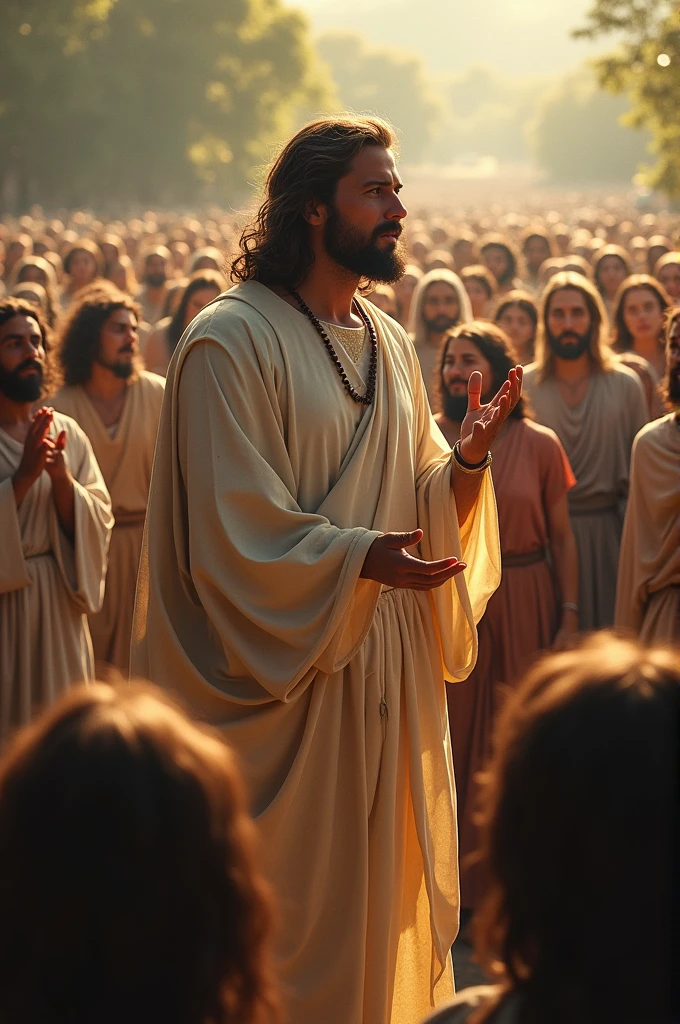 Jesus preaching to a crowd of people