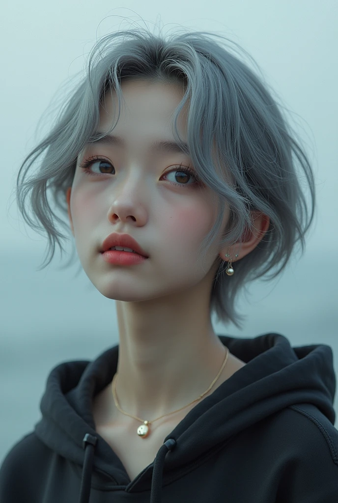 (Surreal) , (Like the picture:1.4),(Increase the resolution), (8k), (Very detailed), (Beautiful and detailed), (Highest quality), (Very detailedな), (masterpiece), (wallpaper), (Detailed face), alone,1 girl, perfect beautiful japanese woman:1.4、Looking at the audience, Subtle details, Detailed face, cloudy, Deep Shadow, A gentle smile,Short Hair Silver Color Mesh,My hair is messy,look up,masterpiece, Highest quality, 8k, Upper Body, Dabo Dabo Hoodie:1.4, break, 18-year-old, Anna_, Wavy Hair, Show Viewer, smile, Ultra-realistic photos, Sharp focus, Face Light, Dynamic Lighting, break, Real Skin, Symmetrical, clear eyes,, Sharp pupils, Realistic student,Light background,Camera angle: Low - Angle,Various poses,necklace,Pin on right ear,Attractive face, Mid-chest, bracelet